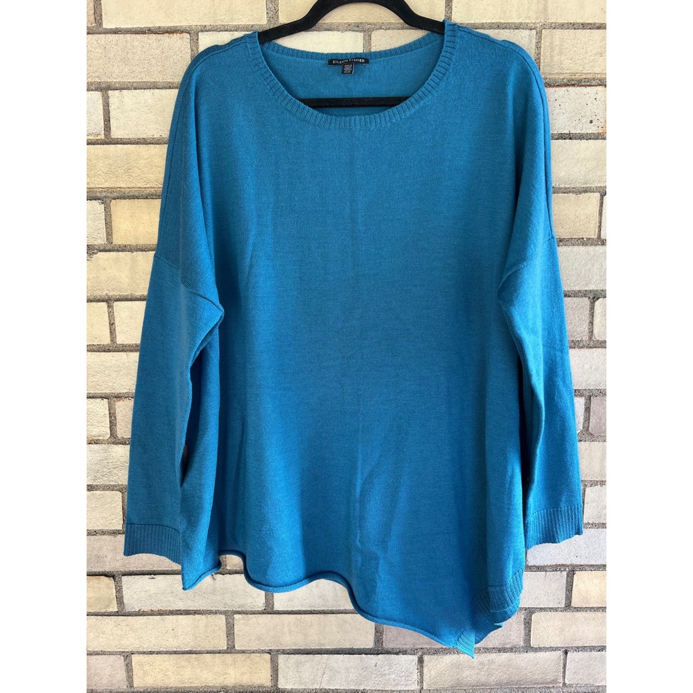 Eileen Fisher 100% Merino Wool Asymmetrical Hem Sweater Turquoise Size Medium